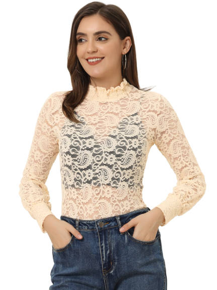 Allegra K- Turtleneck Long Sleeve Mesh Lace Floral Top