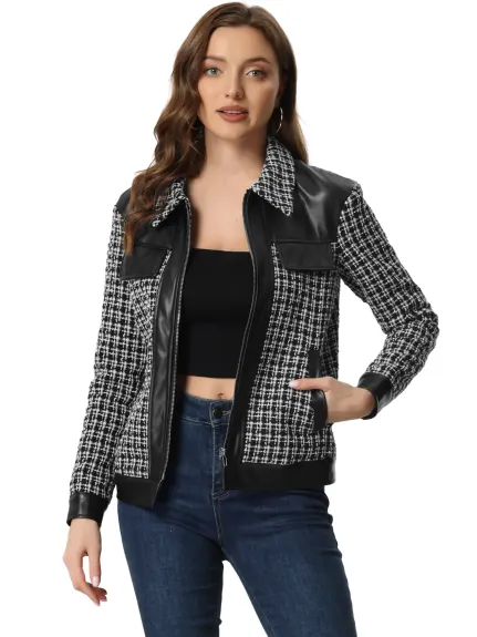 Allegra K - Vintage Leather Stitching Plaid Tweed Jacket