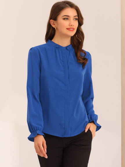 Allegra K- Ruffled Trim Stand Collar Long Sleeve Blouse