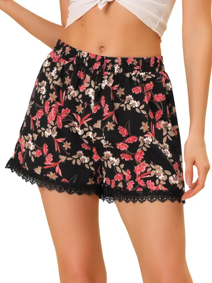 Allegra K - Summer Floral Printed Lace Trim Beach Shorts