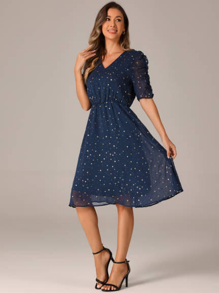 Allegra K - Stars Printed Ruched Sleeve A-line Dress