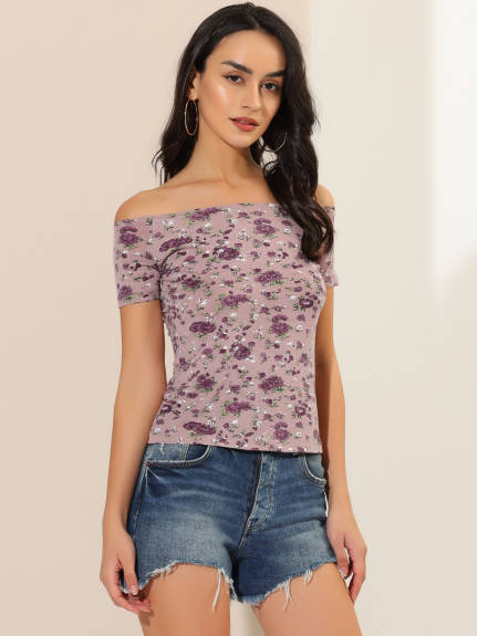 Allegra K- Short Sleeves Off The Shoulder Printed Crop Top