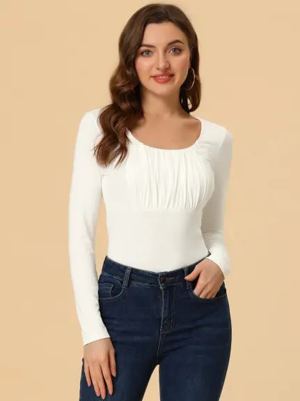 Allegra K - Scoop Neck Long Sleeves Ruched Fitted Top