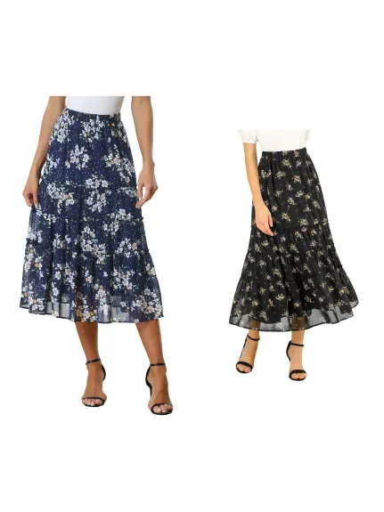 Allegra K- Floral Tiered Chiffon Skirt Pack, Black Combo 1