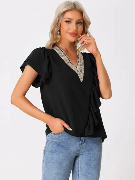 Allegra K - Ruffle Short Sleeve V Neck Blouse