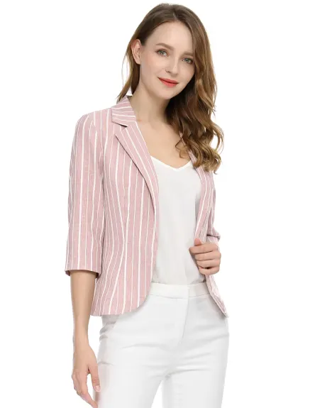 Allegra K- Casual Striped 3/4 Sleeves Open Front Notched Lapel Blazer