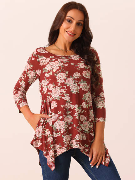 Allegra K - Floral 3/4 Sleeve Asymmetrical Tunic Top