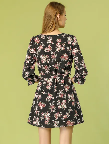 Allegra K- Floral Half Placket Belted 3/4 Sleeve Dress