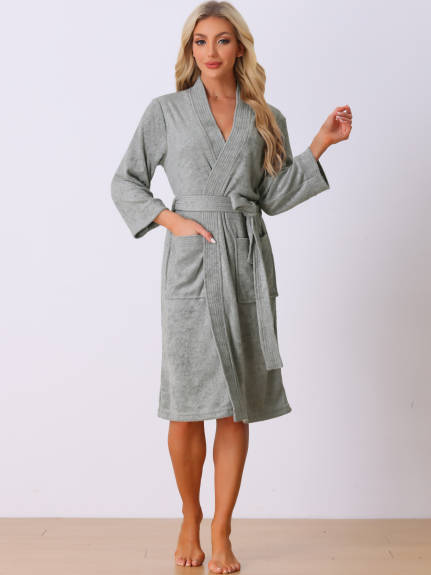 Cheibear - Solid Shawl Collar Midi Bath Robe