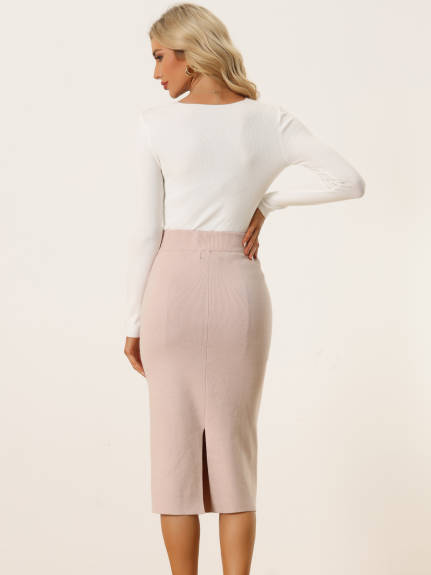 Allegra K - Stretchy Rib Knit Slit Pencil Skirt