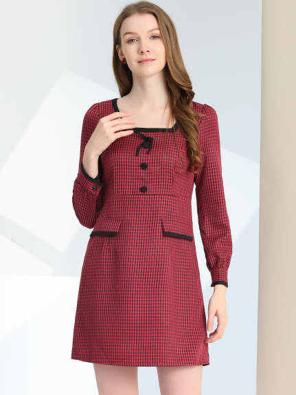 Allegra K- Contrast Trim Long Sleeve Plaid Dress