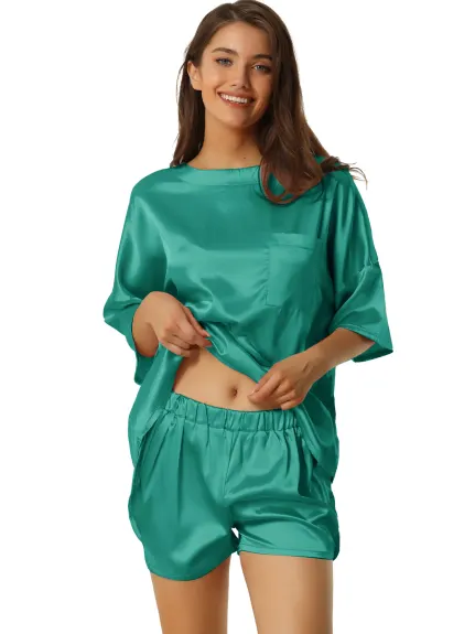 cheibear - Satin Sleepwear 2pcs Lounge Shorts and T-Shirt