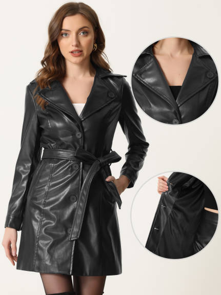 Allegra K - Notched Lapel Collar Faux Leather Long Jacket