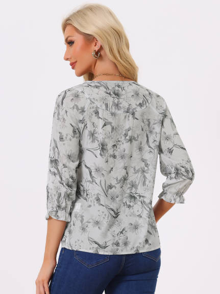 Allegra K- Tie V Neck Ruffled 3/4 Sleeve Floral Blouse