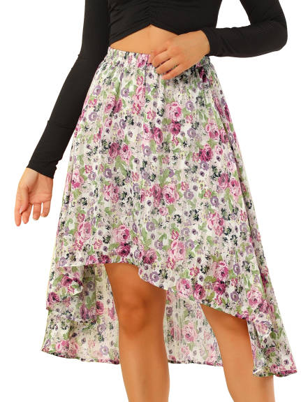 Allegra K- High Low Hem A-Line Midi Floral Skirt