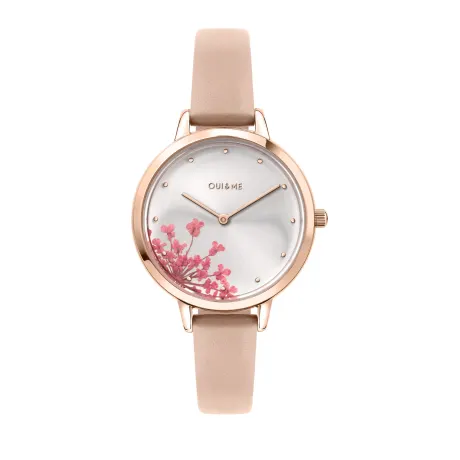 OUI & ME-Fleurette 34 mm 3 aiguilles boîtier en or jaune cadran argenté avec bracelet en cuir recyclé fleur rose