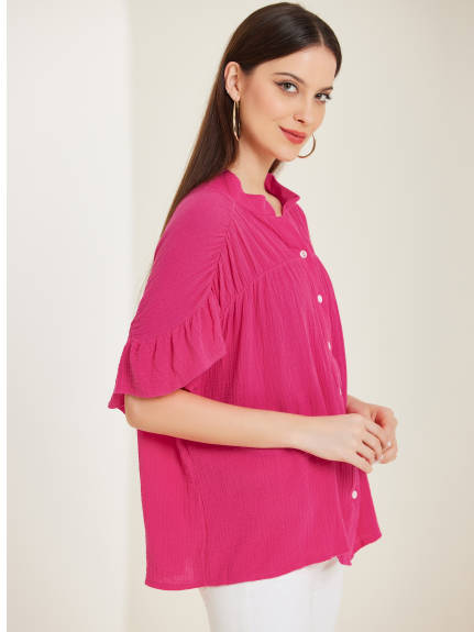 Allegra K - Button Up Textured Ruffle Sleeve Blouse