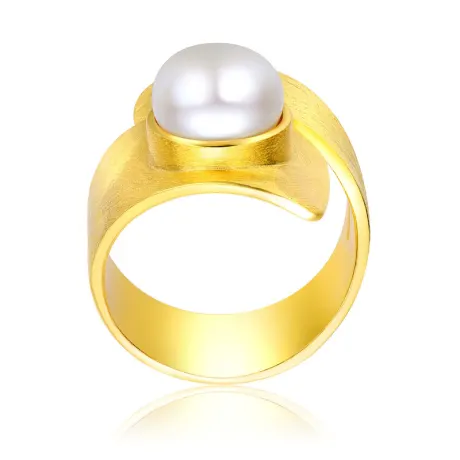 Genevive Sterling Silver 14k Gold Plated with Genuine Freshwater Pearl Modern Ring