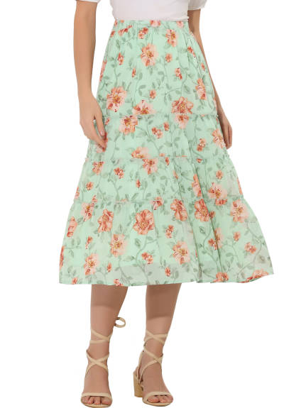 Allegra K- Floral Tiered A-Line Long Chiffon Skirt