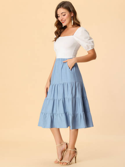 Allegra K- Elastic Waist Tiered A-Line Midi Skirt