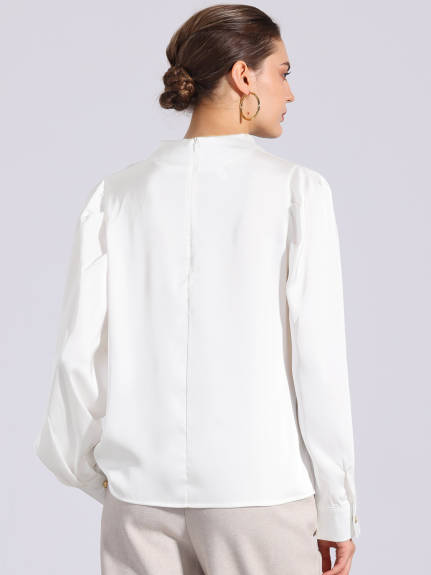 Allegra K - Satin Pleated Mock Neck Puff Sleeve Blouse