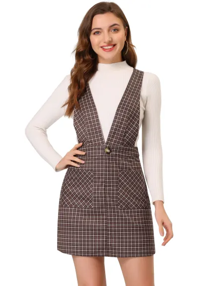 Allegra K- Plaid Above Knee Knit Crossover V Neck Overall Skirt