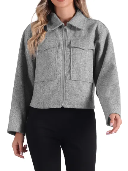 Allegra K - Lapel Collar Zipper Cropped Coat