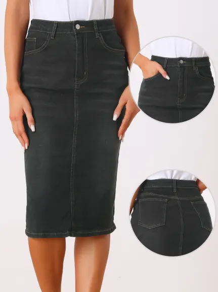 Allegra K- jupe Midi pour femme taille haute à dos fendu en Denim