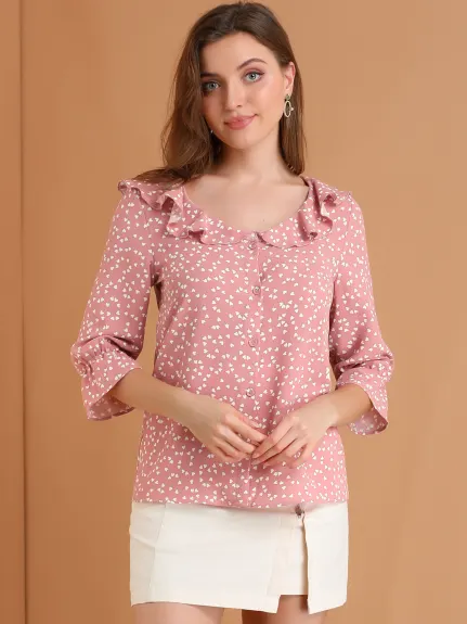 Allegra K- Ruffled Collar Elbow Sleeve Heart Print Blouse