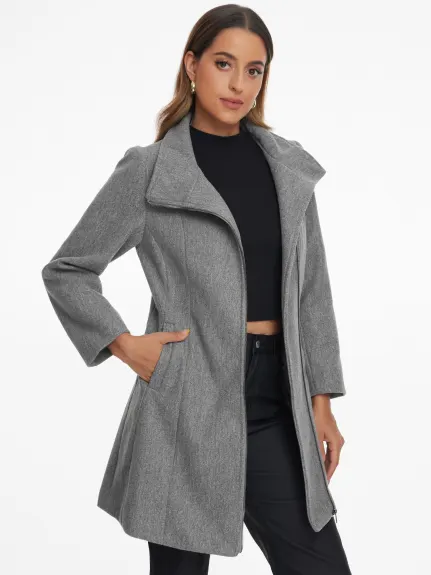 Allegra K - Stand Collar Asymmetrical Zip Up Pea Coat