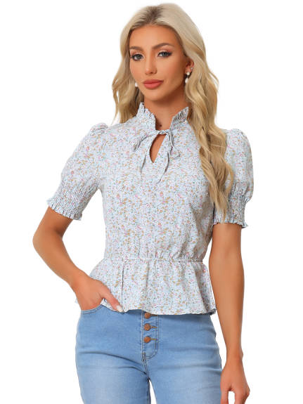 Allegra K - Ruffled Neck Summer Floral Peplum Top