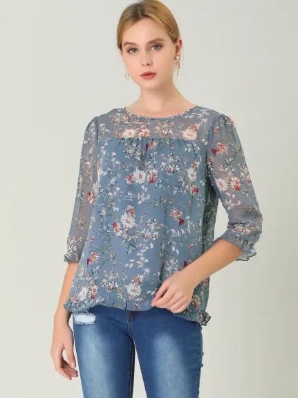 Allegra K- Floral Ruffled 3/4 Sleeve Chiffon Blouse