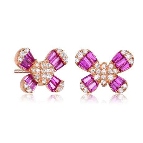 Genevive Sterling Silver with Colored Baguette Cubic Zirconia Butterfly Stud Earrings