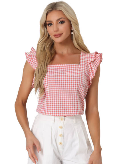 Allegra K - Summer Ruffle Sleeve Gingham Top