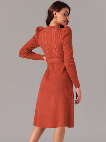 Allegra K - Puff Long Sleeve Tie Waist Midi Dress