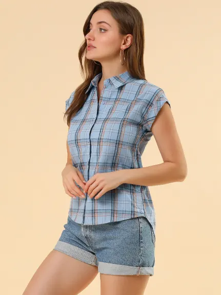 Allegra K- Chemise boutonnée à manches courtes à carreaux