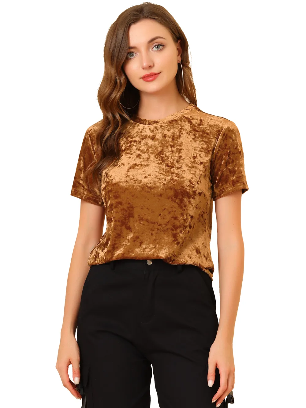 Allegra K- Velvet Top Crew Neck Short Sleeve T-Shirt