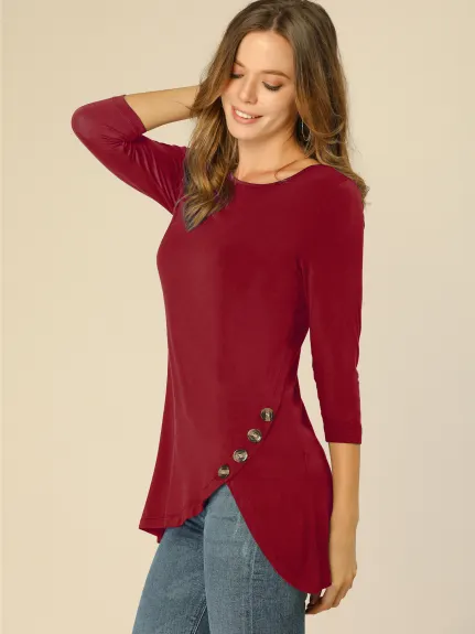 Allegra K- 3/4 Sleeve Tunic Asymmetry Button Top