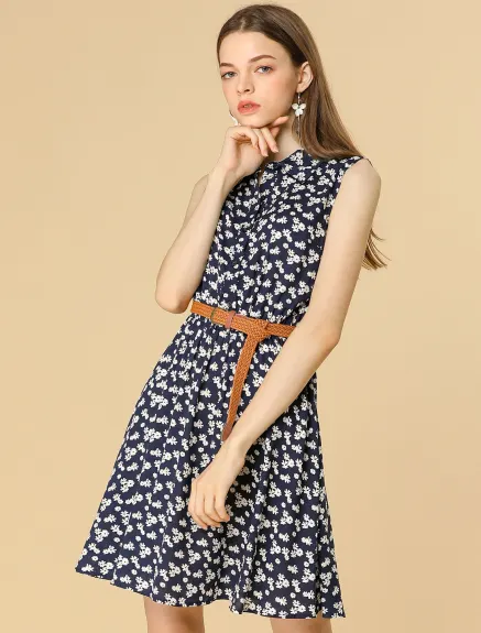 Allegra K- Printed Half Placket Sleeveless Belted Dress