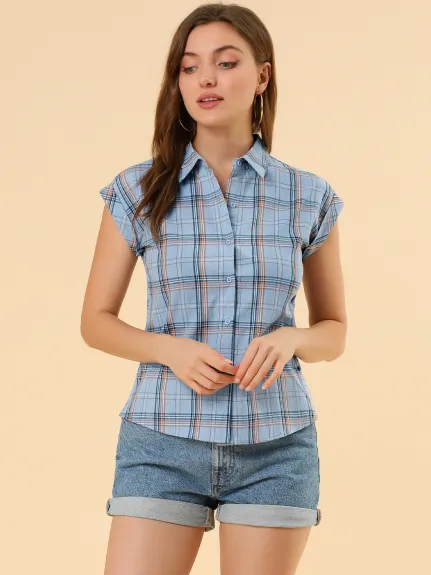 Allegra K- Chemise boutonnée à manches courtes à carreaux