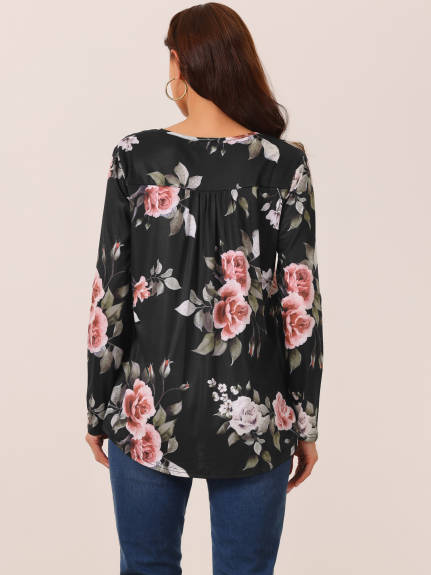 Allegra K - Floral Print Henley V Neck Tunic Top