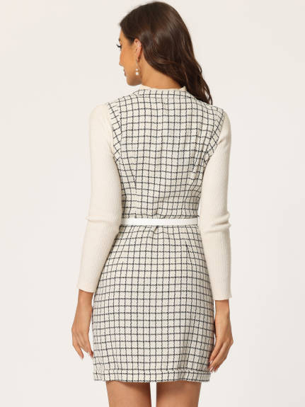 Allegra K - Button Down Pinafore Tweed Dress with Belt