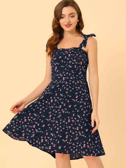 Allegra K- Smocked Back Adjustable Spaghetti Strap Floral Dress