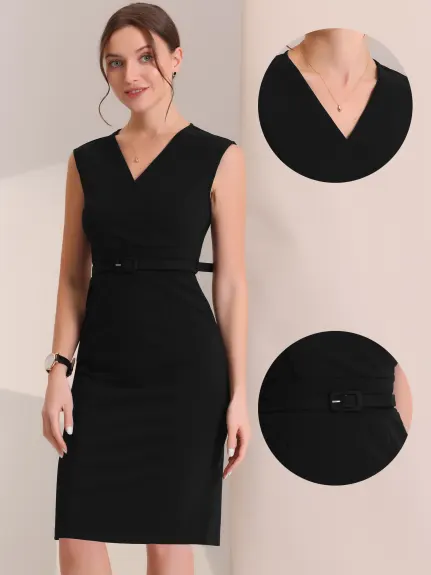 Allegra K- Sheath Sleeveless V Neck Belt Pencil Dress