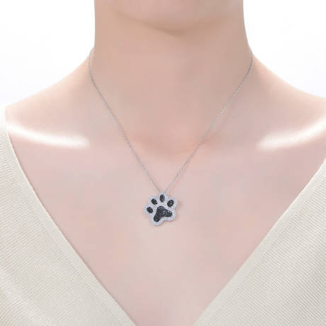 Genevive Sterling Silver Two-Tone with Black & White Cubic Zirconia Cat Dog Pet Paw Pendant Necklace