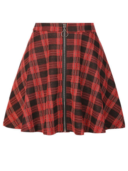 Allegra K- Plaid Zip-Up A-Line Flare Mini Skirt