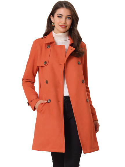 Allegra K- Notched Lapel Double Breasted Faux Suede Trenchcoat