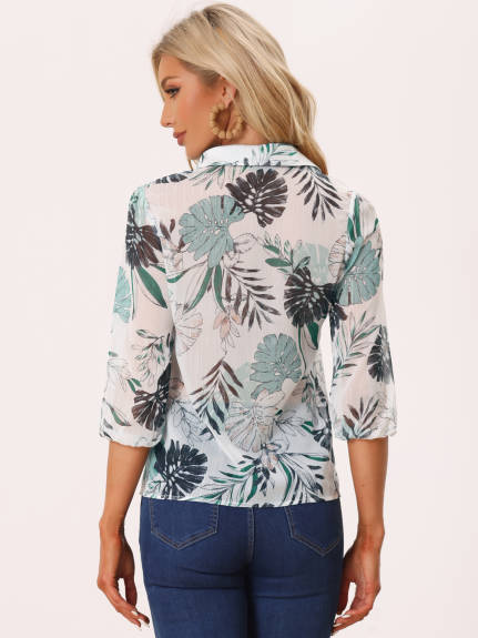 Allegra K- Collared 3/4 Sleeves Leaves Print Top