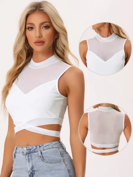 Allegra K- Mesh Sheer Sleeveless Waist Cross Crop Cami Top