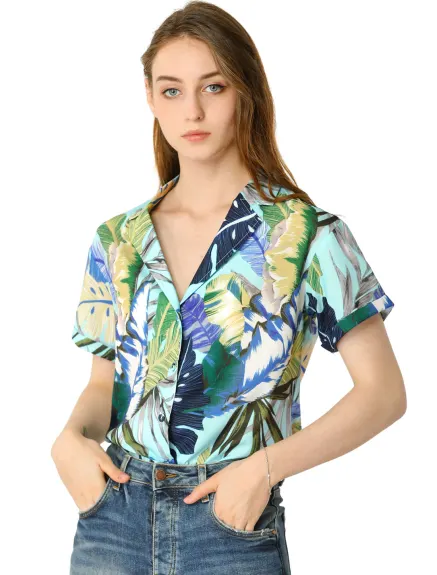 Allegra K- Beach Tropical Floral Leaves Button Down Shirt